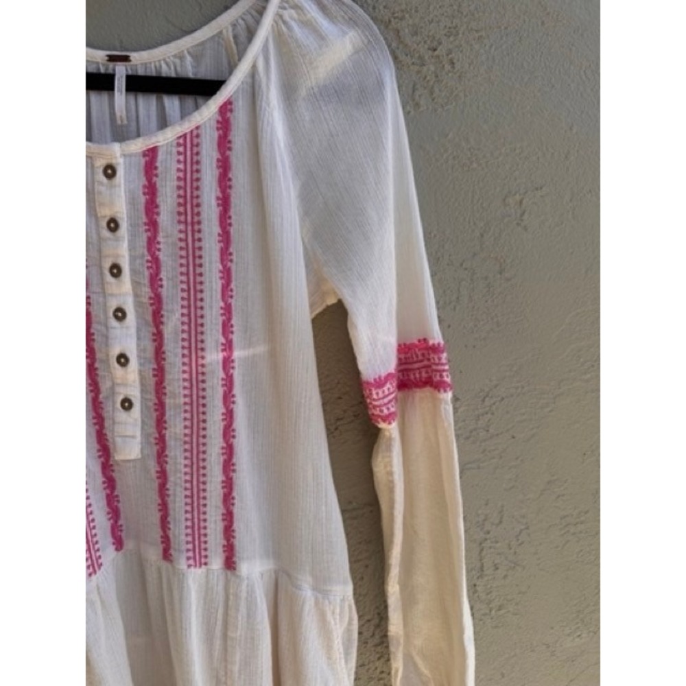 Free People Cream Pink Embroidered Gauze High Low Long Sleeve Midi Dress SMALL - Picture 4 of 10
